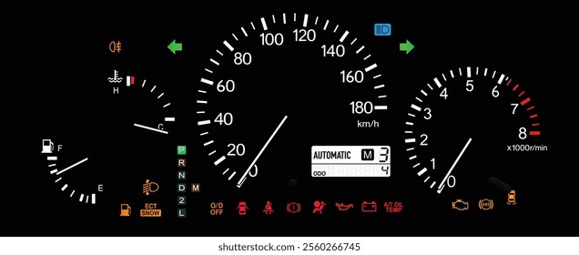 Realistic night early Y2K Japanese midsize SUV optitron gauge cluster in gasoline engine and electronically controlled 4wd automatic gearbox with sequential mode and auto headlight leveling vector.