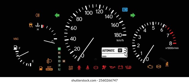 Realistic night early Y2K Japanese midsize SUV optitron gauge cluster in gasoline engine and electronically control auto gearbox with manual mode and 4WD include headlight leveling illustration vector