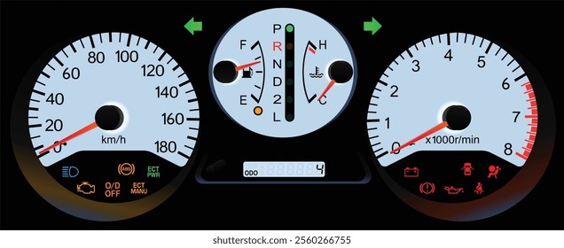 Realistic night early Y2K Japanese sport wagon cool white gauge cluster in gasoline engine and automatic gearbox illustration vector.