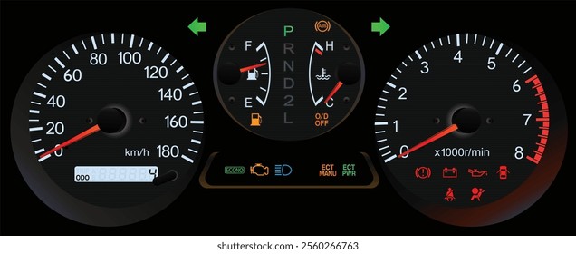 Realistic night early Y2K Japanese sport wagon gauge cluster in electronic gasoline direct injection engine and automatic gearbox illustration vector.