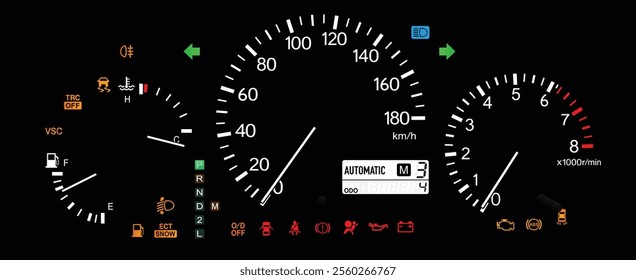 Realistic night early Y2K Japanese midsize SUV optitron gauge cluster in gasoline engine and electronically controlled automatic gearbox with sequential mode and traction control illustration vector.