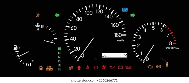 Realistic night early Y2K Japanese midsize SUV optitron gauge cluster in gasoline engine and 4wd electronically control automatic gearbox with rear fog light indicator illustration vector.