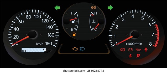 Realistic night early Y2K Japanese sport wagon gauge cluster in electronic gasoline injection engine and manual gearbox illustration vector.