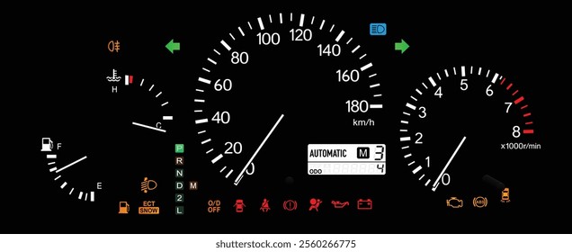 Realistic night early Y2K Japanese midsize SUV optitron gauge cluster in gasoline engine and electronically control automatic gearbox with sequential and auto headlight leveling illustration vector.