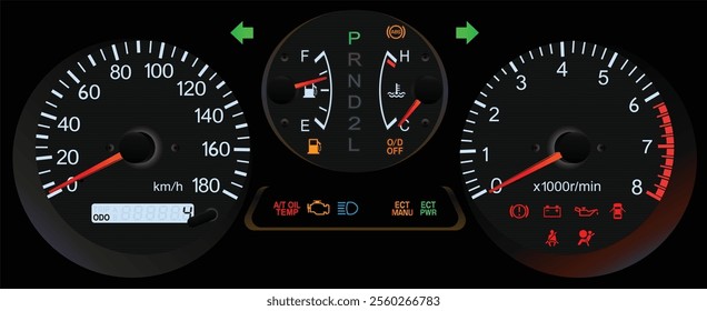 Realistic night early Y2K Japanese sport wagon gauge cluster in electronic gasoline injection engine and automatic 4 wheel drive gearbox illustration vector.