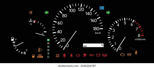 Realistic night early Y2K Japanese midsize SUV optitron gauge cluster in gasoline engine and electronically controlled 4wd automatic gearbox and auto headlight leveling system illustration vector.