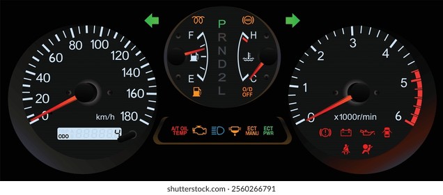 Realistic night early Y2K Japanese sport wagon gauge cluster in turbo diesel engine and automatic 4 wheel drive gearbox illustration vector.