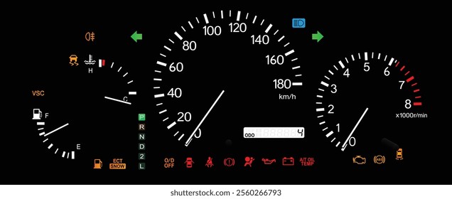 Realistic night early Y2K Japanese midsize SUV optitron gauge cluster in gasoline engine and electronically controlled 4wd automatic gearbox and stability program illustration vector.