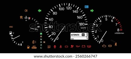 Realistic night early Y2K Japanese midsize SUV optitron gauge cluster in gasoline engine and electronically control auto gearbox with manual mode and 4WD include headlight leveling illustration vector