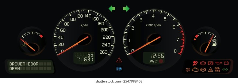 Realista noite cedo Y2K sueco tamanho completo sedan painel com motor a gasolina manual especificações de transmissão incluído multi-informação display e computador de viagem digital com vetor de ilustração.