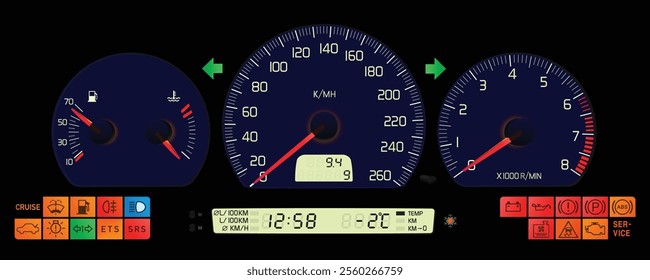 Realistic night early Y2K Swedish midsize sport sedan dashboard with gasoline electronic throttle engine manual gearbox included trip computer display in dark blue gauge face illustration vector.