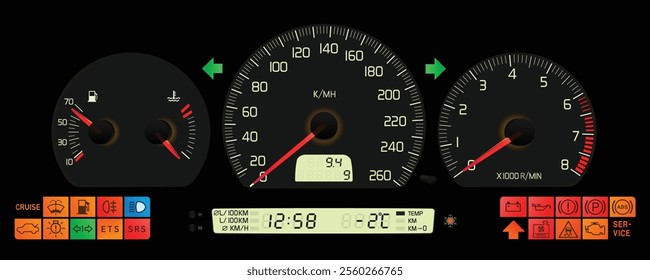 Realistic night early Y2K Swedish midsize sedan dashboard with turbocharged electronic throttle system gasoline engine auto gearbox included trip computer in dark grey gauge face illustration vector.