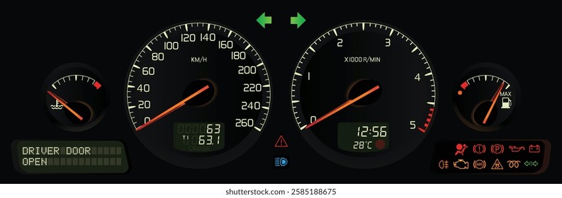 Realistic night early Y2K Swedish full size sedan dashboard with turbo diesel engine manual transmission specs included multi information display and digital trip computer with illustration vector.