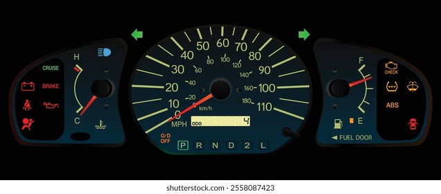 Realistic night early Y2K US low specs Japanese minivan gauge cluster in gasoline engine and automatic gearbox without tachometer illustration vector.