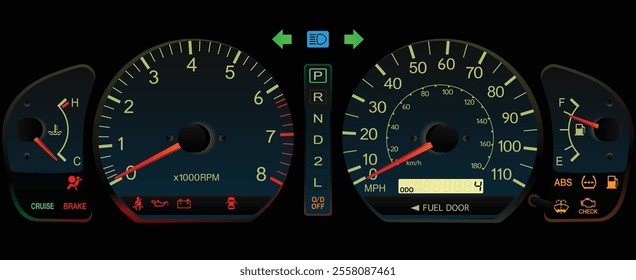 Realistic night early Y2K US specs Japanese minivan gauge cluster in gasoline engine and automatic gearbox without stability program and power sliding door illustration vector.