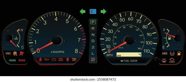 Realistic night early Y2K US specs Japanese minivan gauge cluster in gasoline engine and automatic gearbox with fully equipped option  illustration vector.