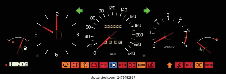 Realistic night illuminating view ignition switch-on diesel engine instrument panel with full function warning and indicator measuring in kilometer and ambient temperature display illustration vector.