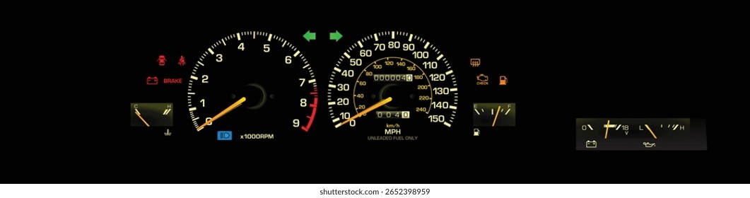Noturno realista final dos anos 80 era japonês esporte cupê em EUA specs calibre cluster com combustível injetado motor e transmissão manual incluído volt e óleo medidor de imprensa com indicador amarelo vetor ilustração ponteiro.