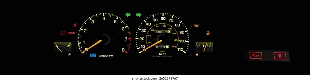Realista noite final dos anos 80 era Japonês Coupe em EUA specs bitola cluster com motor carburador e transmissão manual com indicador amarelo vetor ilustração.