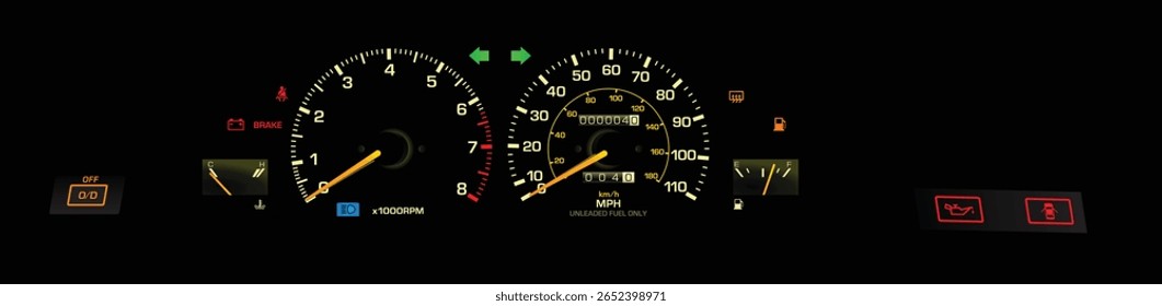 Realista noite final dos anos 80 era japonês cupê em EUA especs calibre cluster com motor de carburador e transmissão automática com indicador amarelo vetor ilustração.