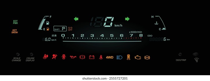 Realistic night late 90s Japanese large sedan digital instrument cluster in gasoline engine and dual mode electronically controlled automatic 4WD gearbox illustration vector.