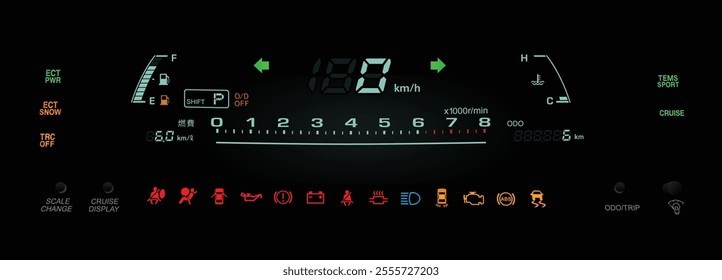 Realistic night late 90s Japanese nearly top specs large sedan digital gauge cluster in gasoline engine and electronically controlled automatic gearbox with fully function illustration vector.