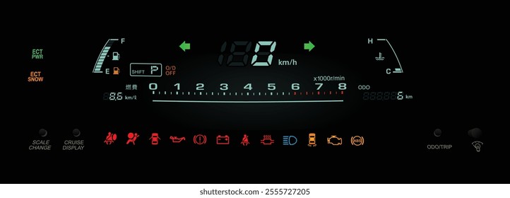 Realistic night late 90s Japanese large sport sedan digital instrument cluster in gasoline engine and dual mode electronically controlled automatic gearbox illustration vector.