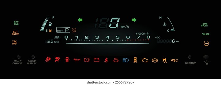 Realistic night late 90s Japanese top specs large sedan digital gauge cluster in gasoline engine and electronically controlled automatic gearbox with fully function illustration vector.