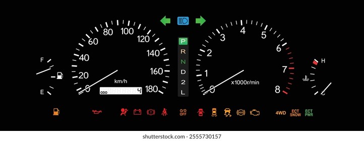 Realistic night late 90s Japanese specs large sedan optitron gauge cluster in gasoline engine and electronically controlled automatic gearbox with electronically controlled 4WD illustration vector.