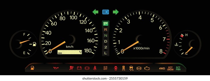 Realistic night late 90s Japanese specs large sedan normal gauge cluster in gasoline engine and electronically controlled automatic gearbox with electronically controlled 4WD illustration vector.