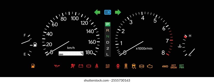 Realistic night late 90s Japanese mid specs large sedan optitron gauge cluster in gasoline engine and electronically controlled automatic gearbox with electronically 4WD illustration vector.