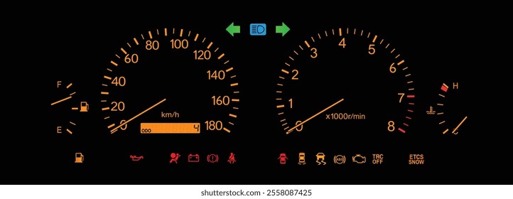 Realistic night late 90s Japanese sporty large sedan optitron gauge cluster in gasoline engine and manual gearbox with orange illumination includes traction control and electronic throttle vector.