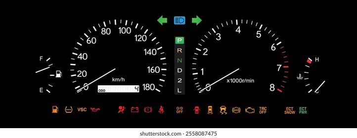 Realistic night late 90s Japanese luxury large sedan optitron gauge cluster in gasoline engine and automatic gearbox with stability control and electronic throttle includes tire press monitor vector.