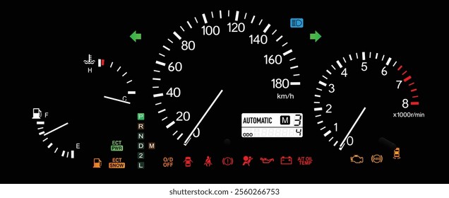 Realistic night late 90s Japanese midsize SUV optitron gauge cluster in gasoline engine and electronically controlled automatic gearbox with sequential mode and 4 wheels drive illustration vector.