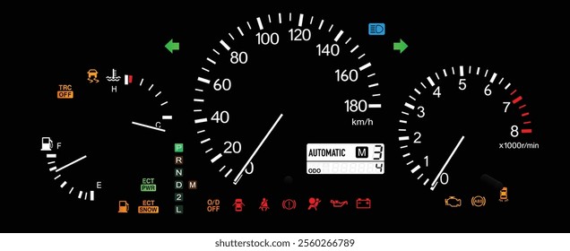 Realistic night late 90s Japanese midsize SUV optitron gauge cluster in gasoline engine and electronically controlled automatic gearbox with sequential mode and traction control illustration vector.