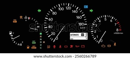 Realistic night late 90s Japanese midsize SUV optitron gauge cluster in gasoline engine and electronically controlled automatic gearbox with sequential mode and traction control illustration vector.