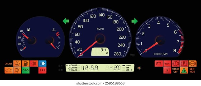 Realistic night late 90s Swedish midsize sport sedan dashboard with gasoline engine manual gearbox specs included trip computer display in dark blue gauge face illustration vector.