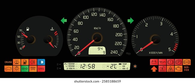 Realistic night late 90s Swedish midsize sedan dashboard with turbo diesel engine automatic gearbox specs included trip computer display in dark grey gauge face illustration vector.