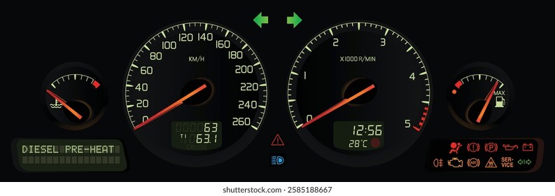 Realistic night late 90s Swedish full size sedan dashboard with turbo diesel engine manual transmission specs included multi information display and digital trip computer with illustration vector.