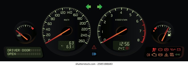 Realistic night late 90s Swedish full size sedan dashboard with gasoline engine manual transmission specs included multi information display and digital trip computer with illustration vector.