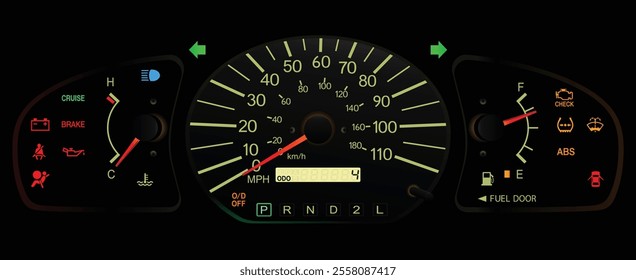 Realistic night late 90s US low specs Japanese minivan gauge cluster in gasoline engine and automatic gearbox without tachometer illustration vector.