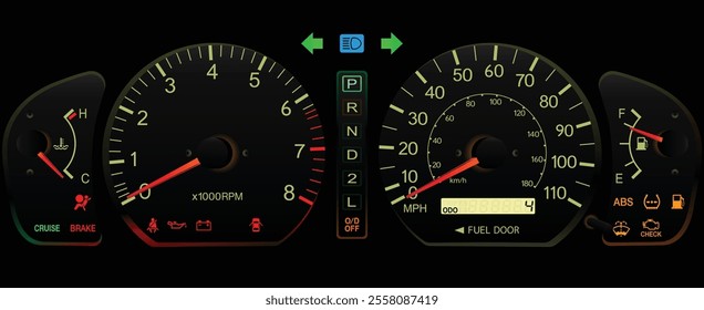 Realistic night late 90s US specs Japanese minivan gauge cluster in gasoline engine and automatic gearbox without stability program and power sliding door illustration vector.