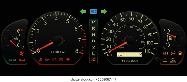 Realistic night late 90s US specs Japanese minivan gauge cluster in gasoline engine and automatic gearbox without stability program illustration vector.