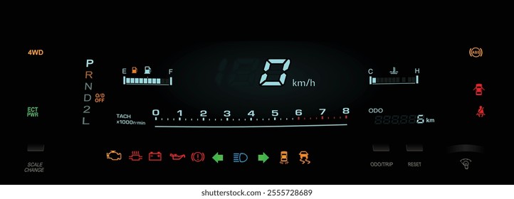 Realistic night mid 90s Japanese specs large sedan digital gauge cluster in gasoline engine and electronically controlled automatic gearbox with electronically controlled 4WD illustration vector.