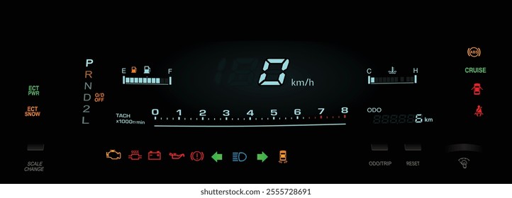 Realistic night mid 90s Japanese nearly top specs large sedan digital gauge cluster in gasoline engine and electronically controlled automatic gearbox without electric damper illustration vector.