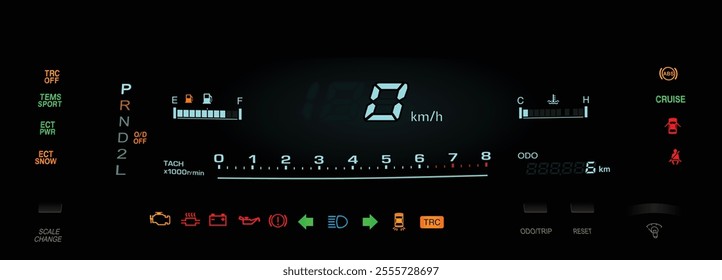 Realistic night mid 90s Japanese top specs large sedan digital gauge cluster in gasoline engine and electronically controlled automatic gearbox with fully function illustration vector.