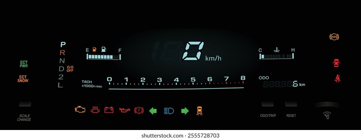 Realistic night mid 90s Japanese mid specs large sedan digital gauge cluster in gasoline engine and electronically controlled automatic gearbox with illustration vector.