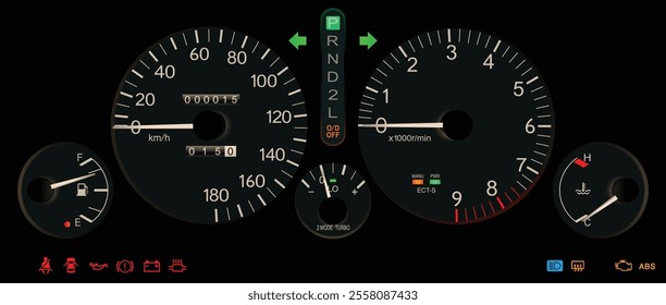 Realistic night mid 90s Japanese sport hatchback gauge cluster in gasoline engine and automatic gearbox with boost gauge and drive mode indicator illustration vector.