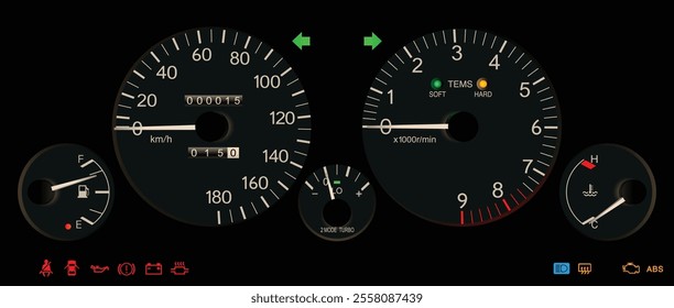 Realistic night mid 90s Japanese sport hatchback gauge cluster in turbo gasoline engine and manual gearbox with ABS includes electronic damper and boost gauge illustration vector.