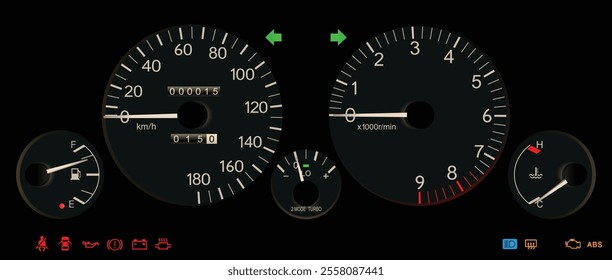 Realistic night mid 90s Japanese sport hatchback gauge cluster in turbo gasoline engine and manual gearbox with ABS and boost gauge illustration vector.